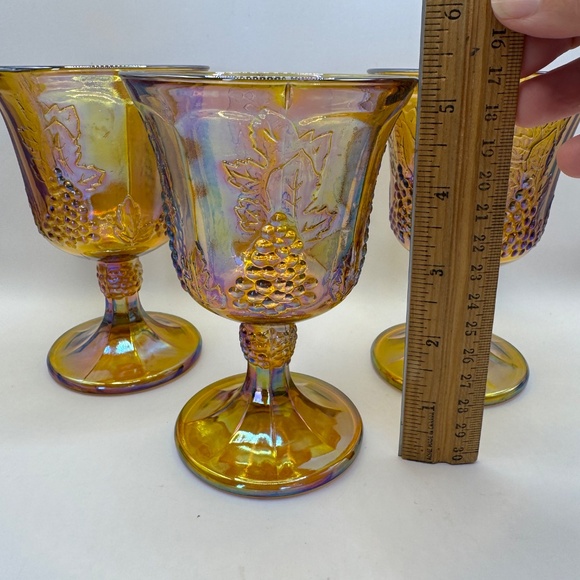 Indiana Glass Marigold Carnival Glass wine glasses. Set of 3 Amber Harvest Grape - Picture 6 of 7